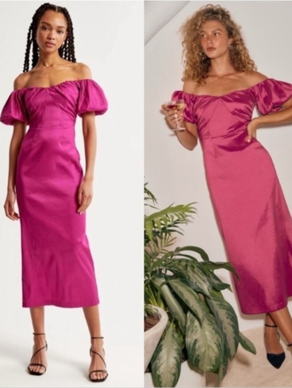 Abercrombie & Fitch Taffeta Off Shoulder Puff Sleeve Midi Dress Fushia Size xxs